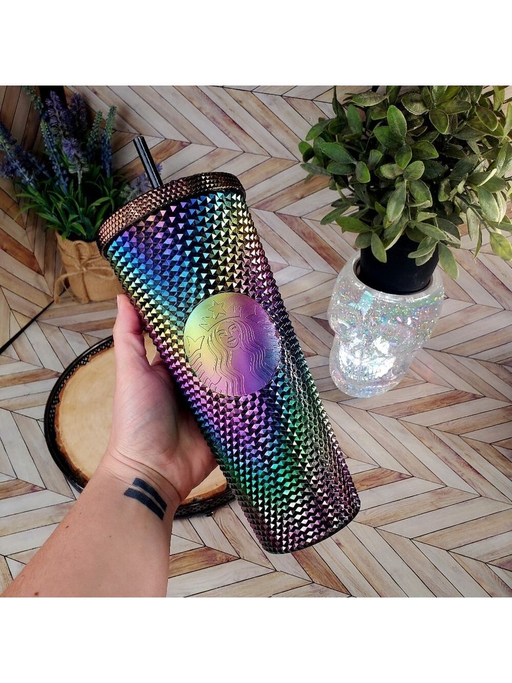 Starbucks Venti Studded Tumbler Black PVD Metallic Oil Slick Rainbow Bling NWT - Picture 2 of 5